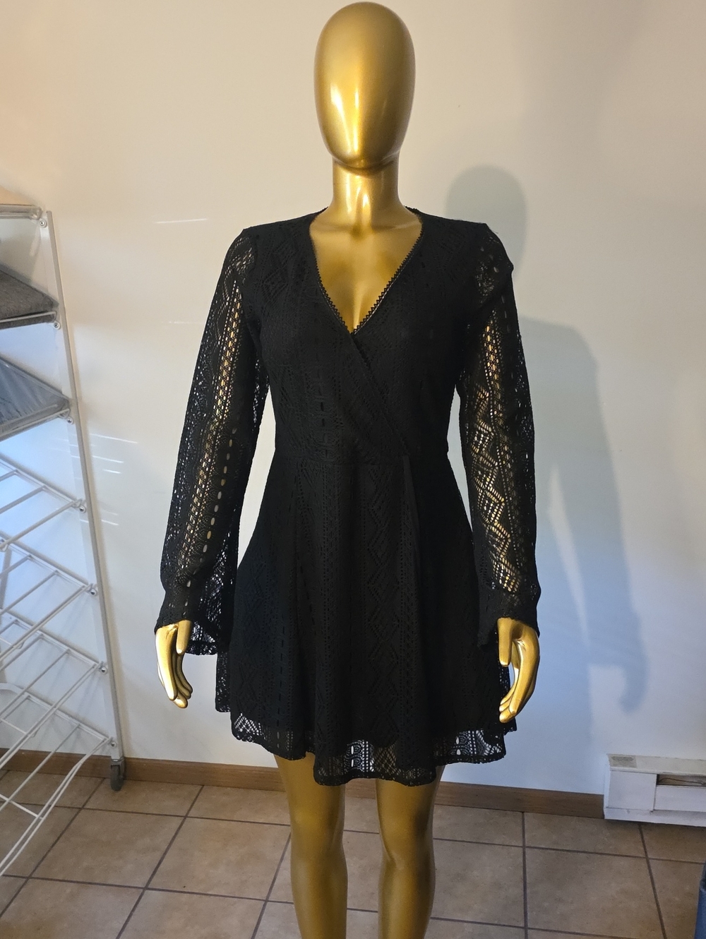 Xhilaration Black Lace Long-Sleeve V-Neck Wrap Skater Dress
